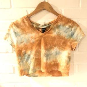 Burnt orange/blue/white tie die crop top T-shirt